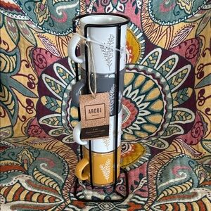 Abode Espresso Cup Set in White, Gray, and Mustard Blk Metal stand nwt